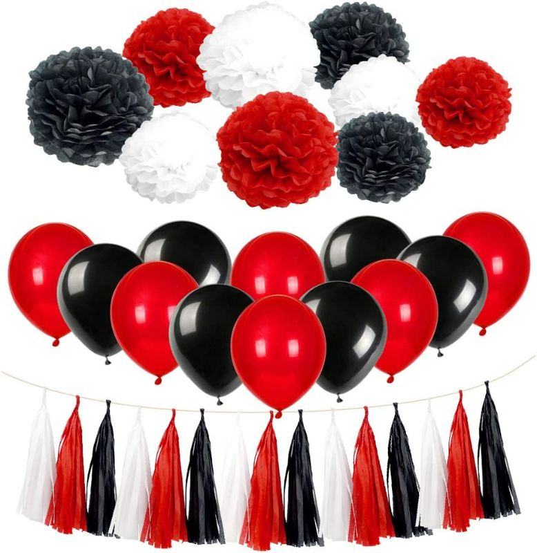 Photo 1 of Red Black Party Decorations Kit - Tissue Paper Pom Poms, Tissue Paper Tassel, Balloons Party Supplies for Birthday, Baby Shower, Bachelorette Party, Festivals, Carnivals, Graduation