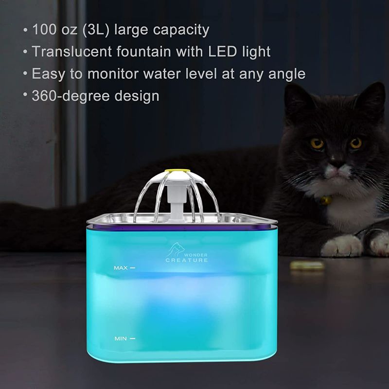 Photo 2 of Crystal Cat Water Fountain Stainless Steel, 100oz/3L Pet Fountain with Transparent Base and LED Light, 3 Replacement Carbon Filters and 1 Foam Filter (Green)