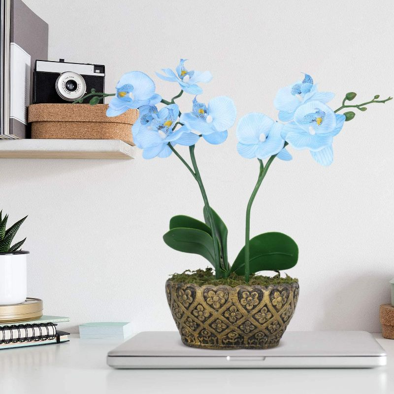 Photo 1 of Blue Artificial Orchid Flower Arrangement with Vase Lifelike Artificial Flower with Decorative Vase Vivid Potted Plant