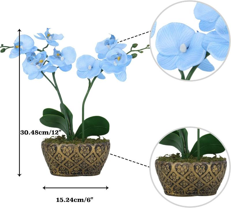 Photo 4 of Blue Artificial Orchid Flower Arrangement with Vase Lifelike Artificial Flower with Decorative Vase Vivid Potted Plant