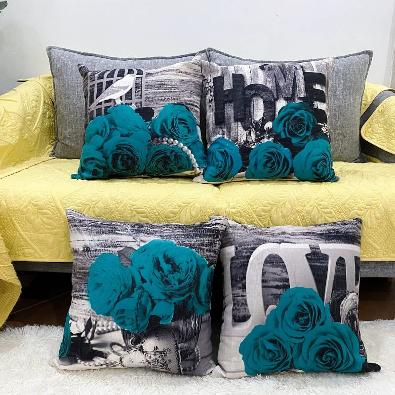 Photo 1 of Teal Throw Pillow Covers 18x18 Set of 4, Turquoise Couch Pillow Covers Living Room Decorative, Linen Cotton Square Dark Blue Rose Flower Pillowcase Grey Black and White Sofa Pillow Cushion Home Decor