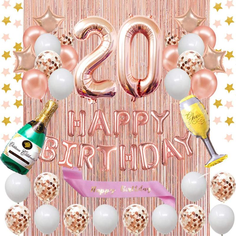 Photo 3 of Fancypartyshop 20th Birthday Decorations - Rose Gold Happy Birthday Banner and Sash with Number 20 Balloons Latex Confetti balloons Ideal for Girl and Women 20 Years Old Birthday Rose Gold