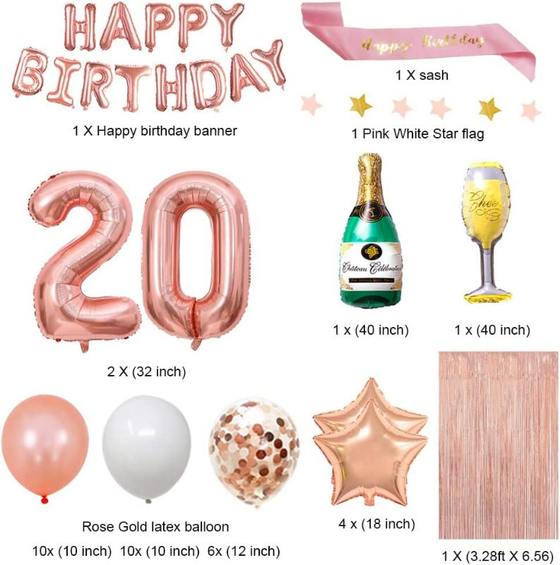 Photo 2 of Fancypartyshop 20th Birthday Decorations - Rose Gold Happy Birthday Banner and Sash with Number 20 Balloons Latex Confetti balloons Ideal for Girl and Women 20 Years Old Birthday Rose Gold