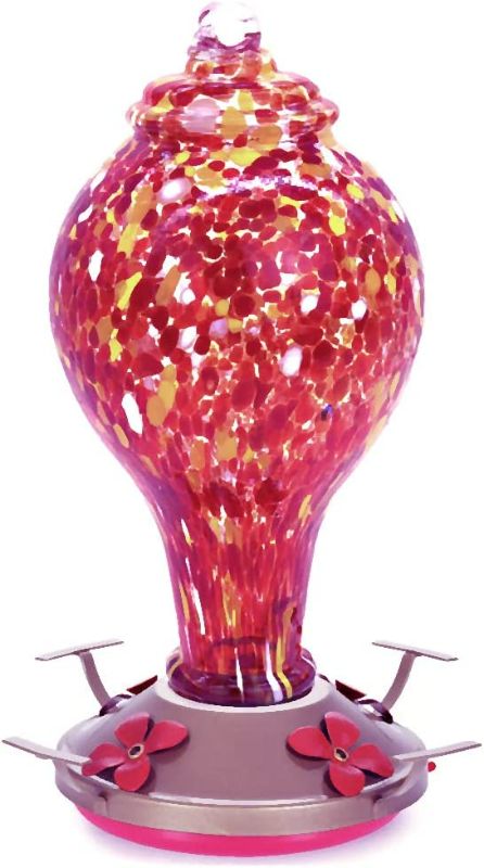 Photo 1 of Hapito Hummingbird Feeders for Outdoors, Hand Blown Glass Hummingbird Feeder, Garden Bird Feeders for Outside - Upgraded Never Leak Bird Feeder with Ant Moat (Red, 35 Ounces)