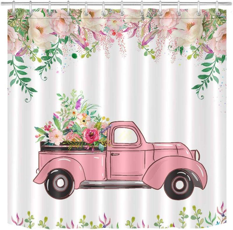 Photo 1 of LB Farm Truck Flower Shower Curtain Set Rustic Farmhouse Style Pink Floral with Leaves Bathroom Curtain with Hooks 72x72 inch Waterproof Polyester Fabric Bathroom Decorations