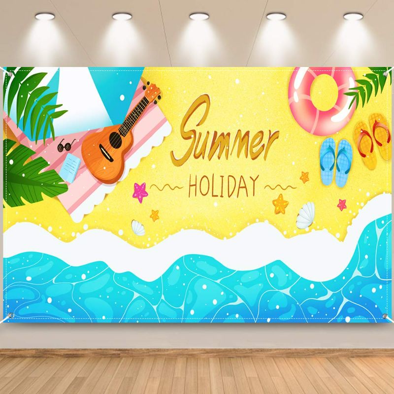 Photo 1 of FSFLAG Summer Party Decorations - Premium Fabric Summer Party Banner Backdrop - Summer Holiday Sign Banner for Pool BBQ Beach Music Birthday Party - Party Supplies for Photo Backdrop Background