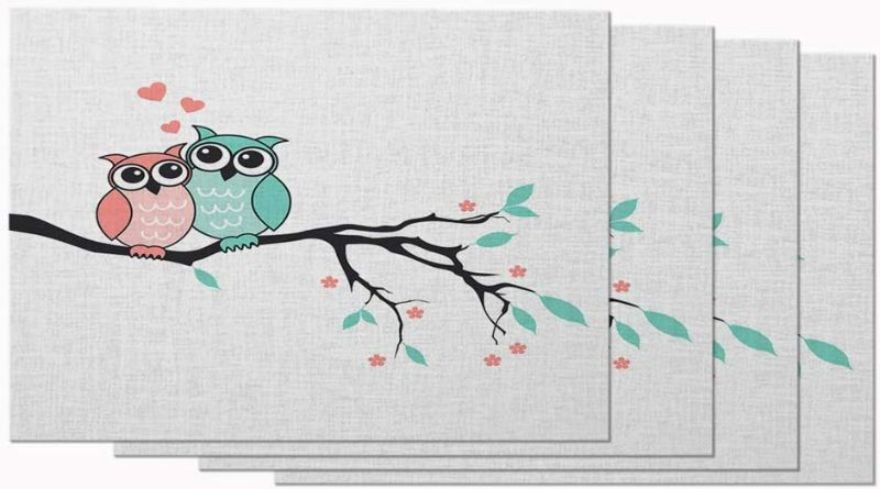 Photo 1 of Beabes Placemats Owl Animal Cute Owls On Branch Tree Love Heart Abstract Art Flowers Leaves Big Eyes Wild 12x18 Inch Table Placemats for Dinning Table Washable Cotton Linen, Set of 4