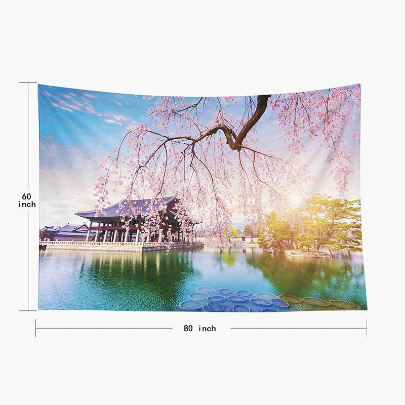 Photo 2 of Bisead Bohemian Tapestry, Map Art Tapestry 80X60 Inchs Palace Cherry Blossom Tree in Spring Time Seoul City Korea South Wall Hanging Gifts for Bedroom Dorm Décor,Black Orange