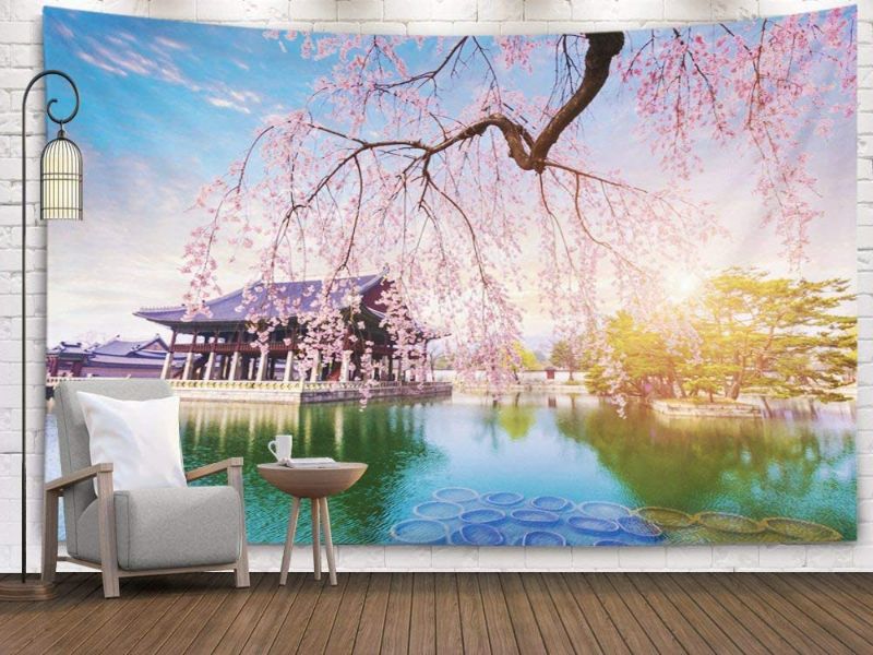 Photo 1 of Bisead Bohemian Tapestry, Map Art Tapestry 80X60 Inchs Palace Cherry Blossom Tree in Spring Time Seoul City Korea South Wall Hanging Gifts for Bedroom Dorm Décor,Black Orange