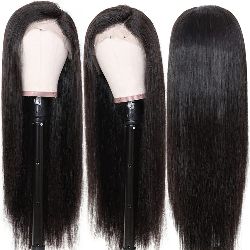 Photo 2 of BLY Human Hair Wigs for Women 180% Density Straight Human Hair Transparent Lace Front Wigs 4x4 Closure Wig Human Hair Pre Plucked with Baby Hair Natural Color 18 Inch