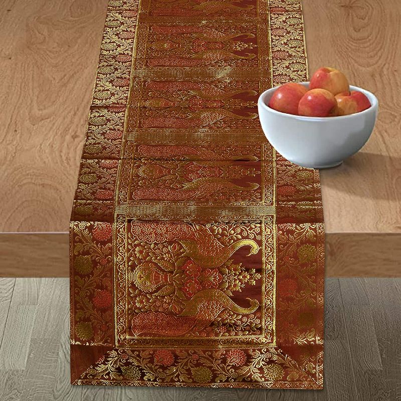 Photo 2 of rajwada-fashion Handmade Table Runner Peacock Design Embroided Silk Ethnic Runner Indian Patchwork Table and Home Decor for Every Occasion (Brown) (60X16)