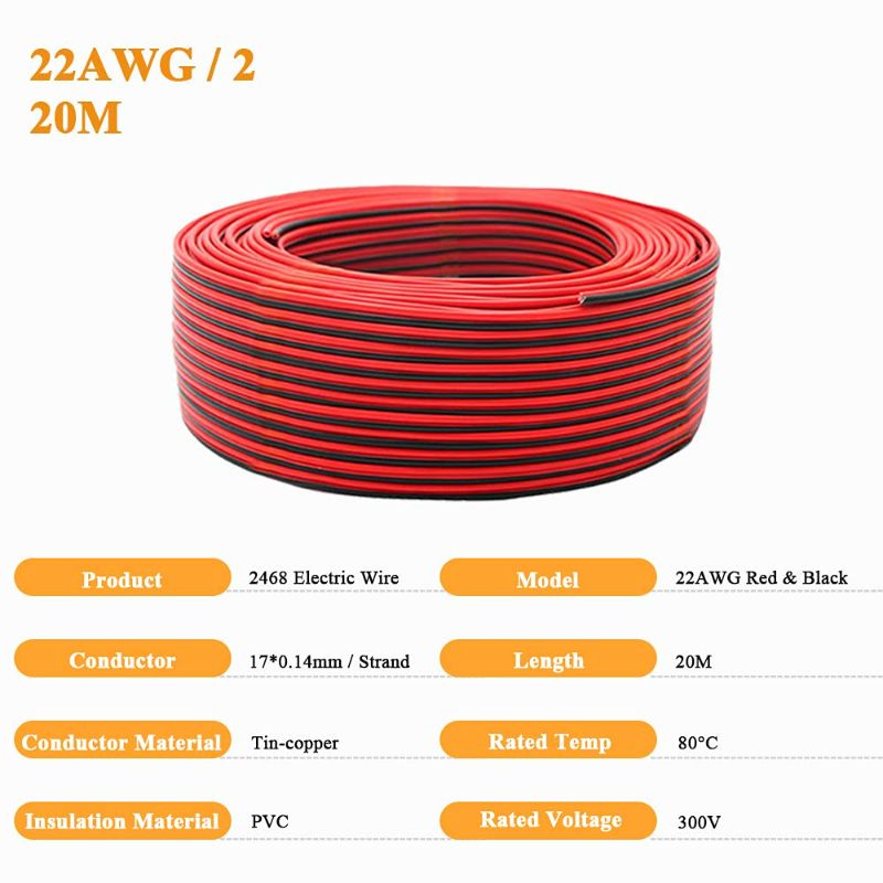 Photo 2 of 66FT 22 Gauge Hookup Electrical Wire 2pin Red Black Cable Extension Cord 12V/24V DC Cable, 22AWG 2 Conductor Flexible Low-Voltage Tinned-Copper Wire for LED Ribbon Lamp Car Audio Automotive Trailer