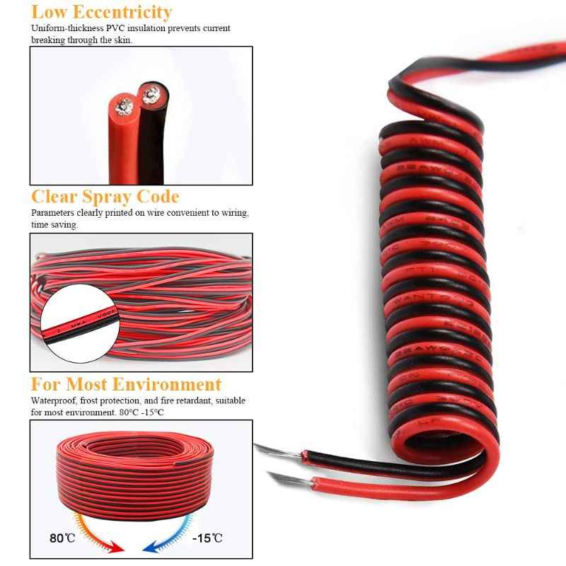 Photo 3 of 66FT 22 Gauge Hookup Electrical Wire 2pin Red Black Cable Extension Cord 12V/24V DC Cable, 22AWG 2 Conductor Flexible Low-Voltage Tinned-Copper Wire for LED Ribbon Lamp Car Audio Automotive Trailer