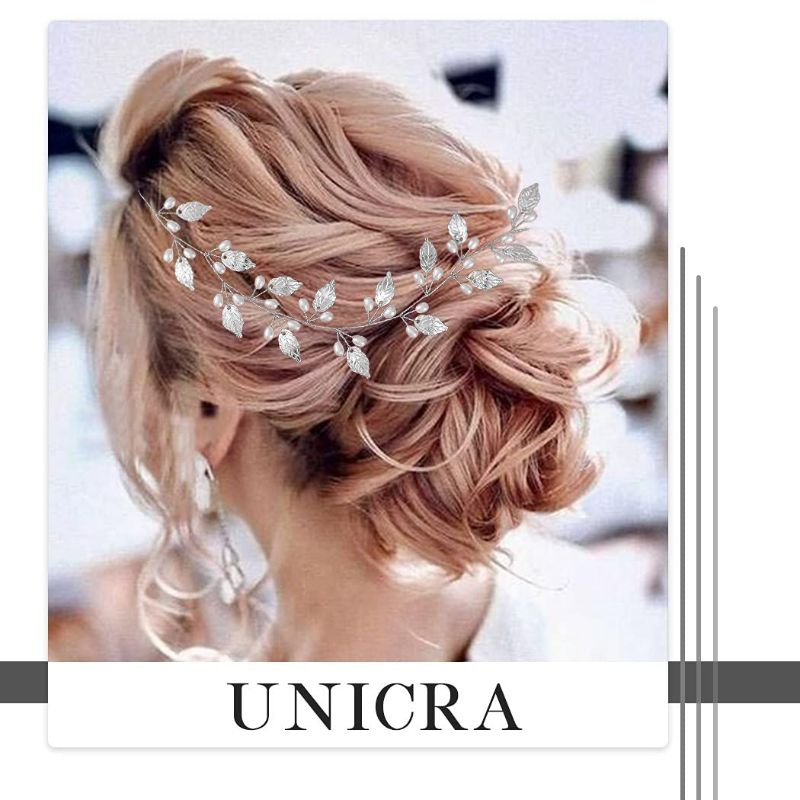 Photo 1 of Unicra Wedding Leaf Hair Vine Bridal Pearl HeadpieceHeadbands Silver Hair Accessories for Brides and Bridesmaids(17.3inches)