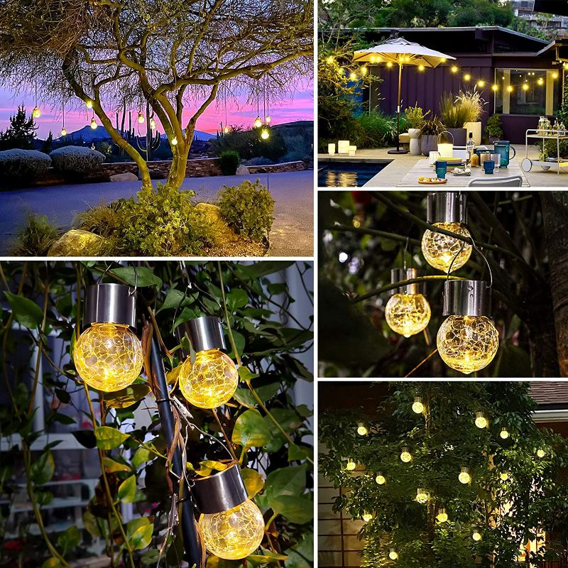 Photo 2 of 12Pack Hanging Outdoor Solar Lights - Decorative Cracked Glass LED Ball Lights Waterproof Tree Solar Powered Globe Lights with Handle for Garden Yard Patio Fence Christmas Decoration, Warm White