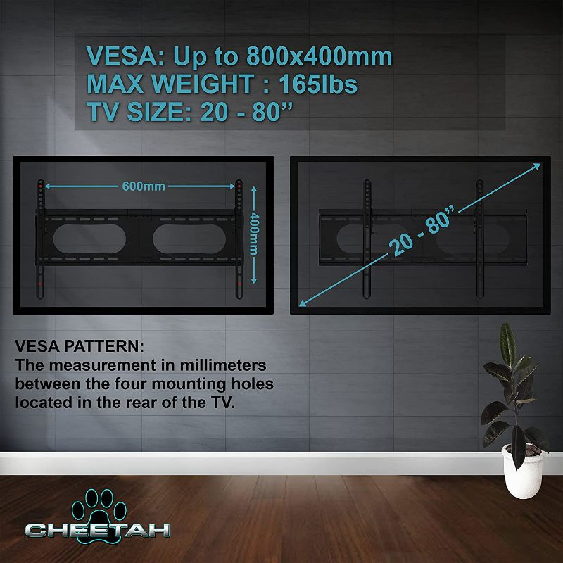 Photo 3 of Cheetah APTMMB TV Wall Mount for 20-80" TVs (Some up to 90”) up to VESA 730 and 165lbs, and fits 16” and 24” Wall Studs, and Includes a Tilt TV Bracket, a 10' Twisted Veins HDMI Cable and a 6" 3-Axis