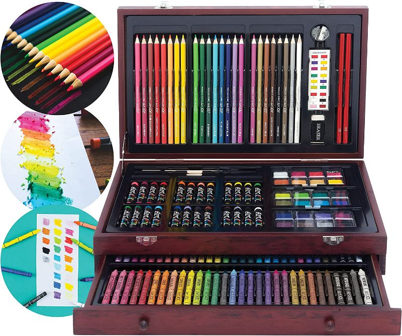 Photo 1 of Art 101 Doodle and Color 142 Pc Art Set in a Wood Carrying Case, Includes 24 Premium Colored Pencils, A variety of coloring and painting mediums: crayons, oil pastels, watercolors; Portable Art Studio