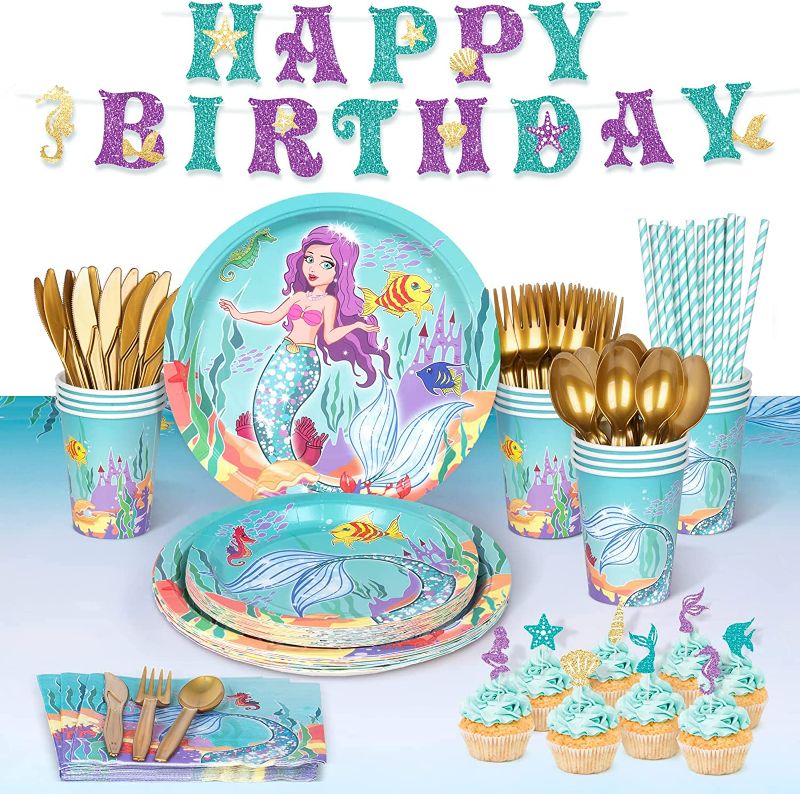 Photo 1 of DECORLIFE Mermaid Party Supplies Serves 16, Mermaid Plates and Napkins, 54" x 108" Tablecloth, Banner, Cake Toppers, Hanging Swirls Included, Total 146PCS