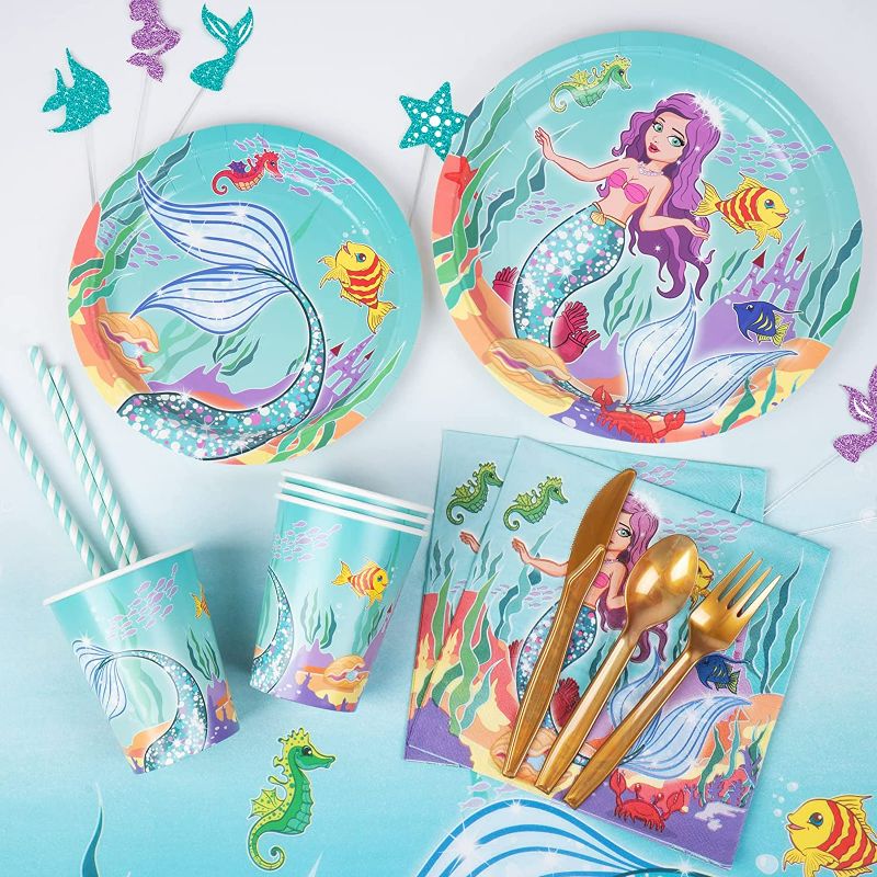 Photo 3 of DECORLIFE Mermaid Party Supplies Serves 16, Mermaid Plates and Napkins, 54" x 108" Tablecloth, Banner, Cake Toppers, Hanging Swirls Included, Total 146PCS
