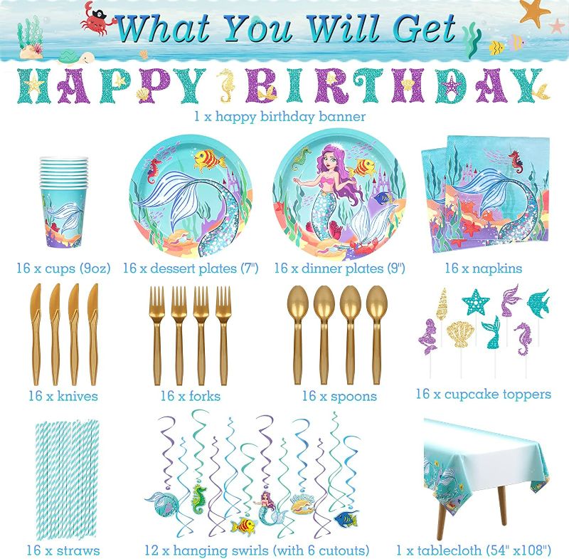 Photo 2 of DECORLIFE Mermaid Party Supplies Serves 16, Mermaid Plates and Napkins, 54" x 108" Tablecloth, Banner, Cake Toppers, Hanging Swirls Included, Total 146PCS