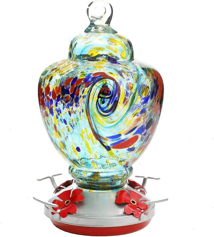 Photo 1 of Hummingbird Feeder,Glass Bird Feeder with Color Hand Blown Glass,Leakproof 32 Ounces Nectar Capacity Hummingbird Feeders, Garden Bird Feeders Easy to Clean & Filling,Hanging Hook&Ant Moat