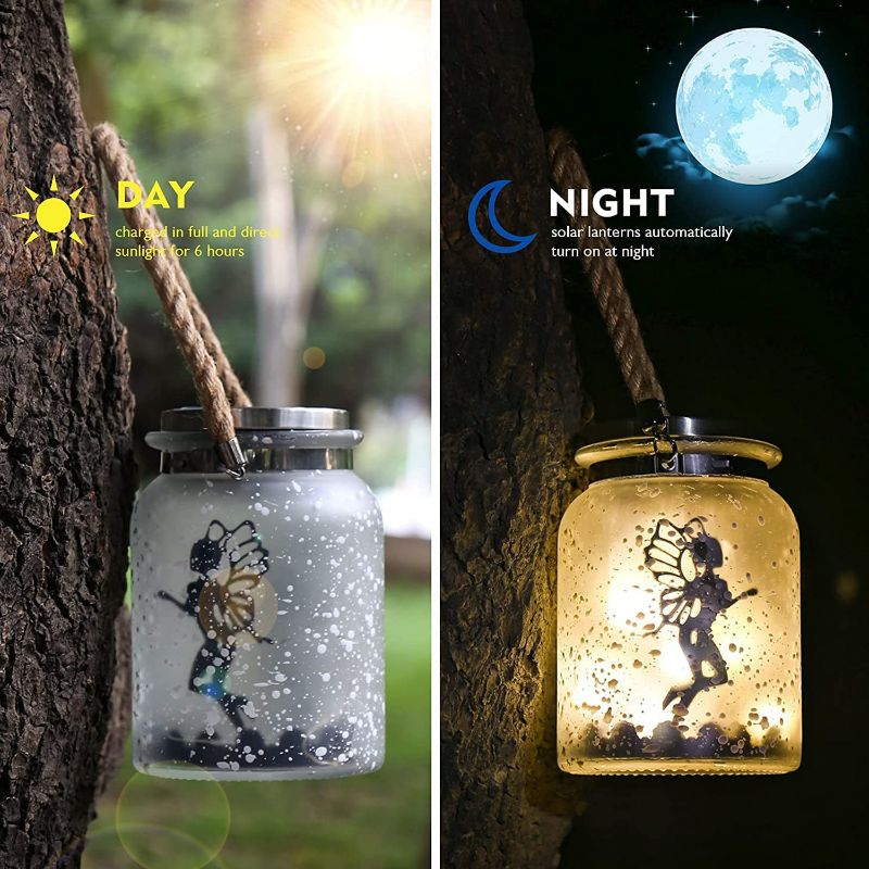 Photo 3 of KAIXOXIN 2 Pack Solar Lantern Fairy Lights Ideal for Great Gifts White Frosted Glass Hanging Jar Solar Lights Outdoor Decorative 20 Warm White Mini LED String Lights (Fairy-2)