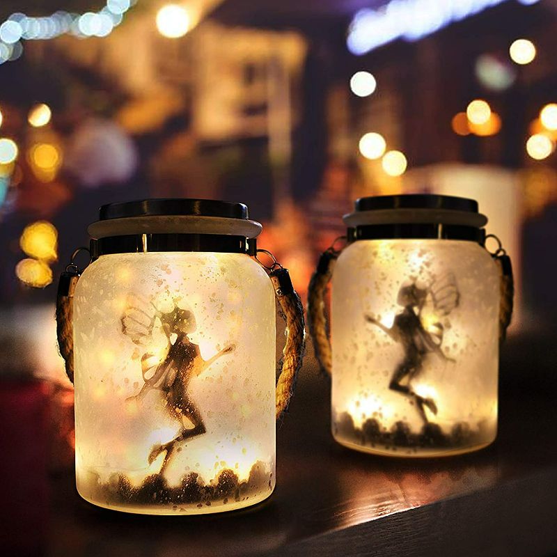 Photo 1 of KAIXOXIN 2 Pack Solar Lantern Fairy Lights Ideal for Great Gifts White Frosted Glass Hanging Jar Solar Lights Outdoor Decorative 20 Warm White Mini LED String Lights (Fairy-2)