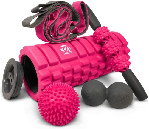 Photo 1 of 321 STRONG 5 in 1 Foam Roller Set Includes Hollow Core Massage Roller with End Caps, Muscle Roller Stick, Stretching Strap, Double Lacrosse Peanut, Spikey Plantar Fasciitis Ball, PINK