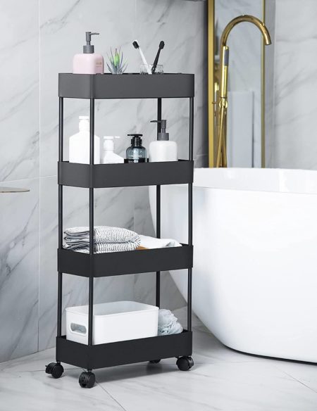 Photo 1 of BASSTOP Storage Cart 4 Tier Bathroom Storage Organizer Rolling Utility Cart, Slide Out Storage Shelves Mobile Shelving Unit for Bathroom Kitchen Bedroom Laundry Narrow Places BLACK