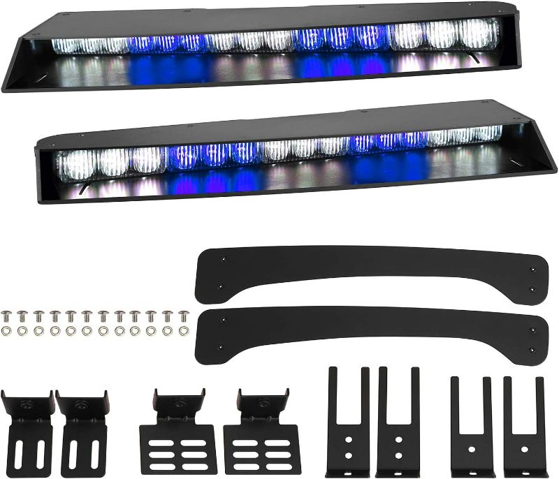 Photo 1 of ASPL Visor lights bar 2-15 LED 29 Flash Patterns Interior Upper Windshield Split Mount Emergency Hazard Warning Strobe Light Bar Take Down Light Kit (Blue/White)