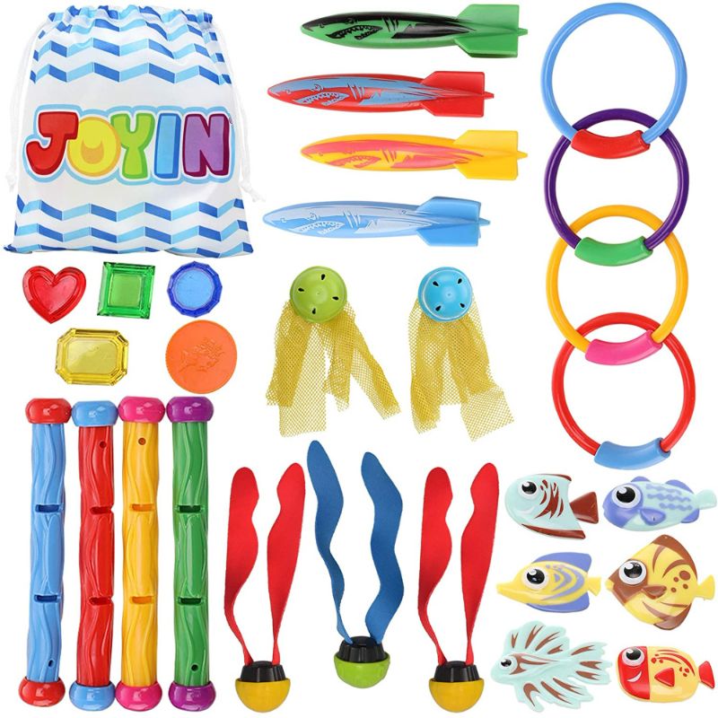 Photo 1 of 28 Pcs Diving Pool Toys Jumbo Set with Storage Bag Includes (4) Diving Sticks, (4) Diving Rings, (4) Toypedo Bandits,(5) Pirate Treasures, (6) Fish Toys, (3) Diving Toy Balls, (2) Stringy Octopus