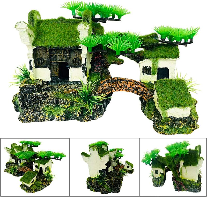 Photo 1 of Hamiledyi Aquarium House Decorations Resin Fish Hideout Hut Betta Cave Rock Landscape Ornament Environments Asian Cottage with Bonsai and Mossy for Aquariums, Fish Tank, Garden
Brand: Hamiledyi