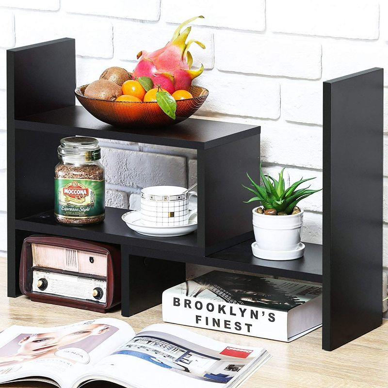 Photo 1 of Desktop Bookshelf Desk Storage Organizer Adjustable Wood Desktop Display Shelf Rack Counter Office Storage Rack Top Bookcase - Free Style Display Natural Stand Office Supplies Desk Organizer, Black