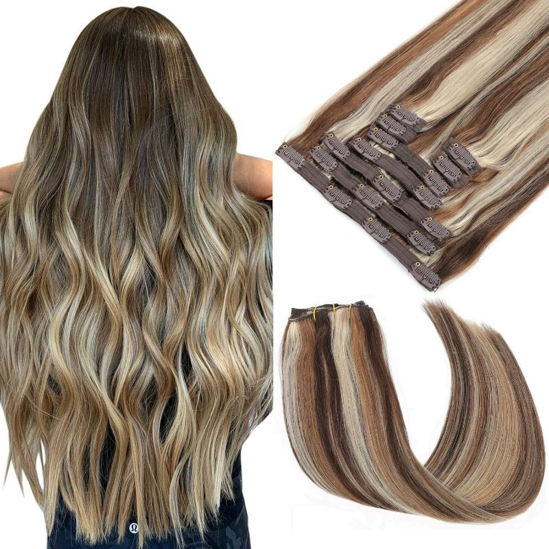 Photo 1 of Aoran Clip in Human Hair Extensions 16 Inch 120g 9pcs Walnut Brown to Ash Blonde and Bleach Balayage Remy Natural Real Extension