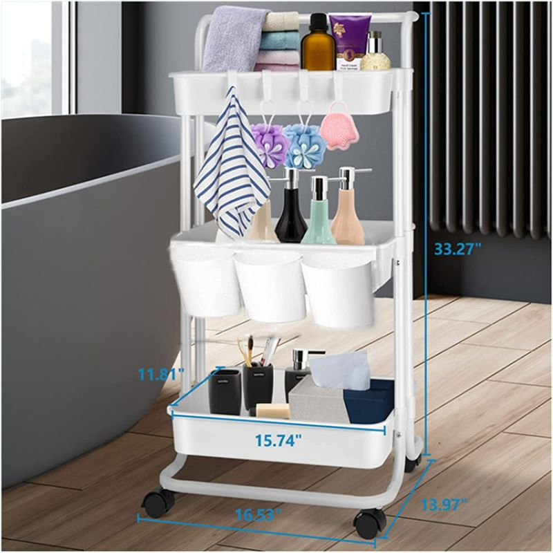 Photo 3 of 3 Tier Utility Rolling Cart - Storage Cart Organizer Cart Kitchen Cart Makeup Cart 3 Shelf Baby Tray Cart with Hanging Cups Trolley Handles and Wheels Use for Bathroom Kids Room Bedroom Office (White)