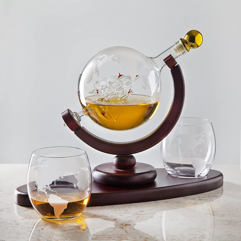 Photo 2 of Whiskey Decanter Globe Set with 2 Etched Whiskey Glasses - for Liquor Scotch Bourbon Vodka, Gifts For Men - 850ml