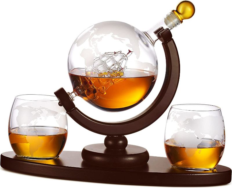 Photo 1 of Whiskey Decanter Globe Set with 2 Etched Whiskey Glasses - for Liquor Scotch Bourbon Vodka, Gifts For Men - 850ml