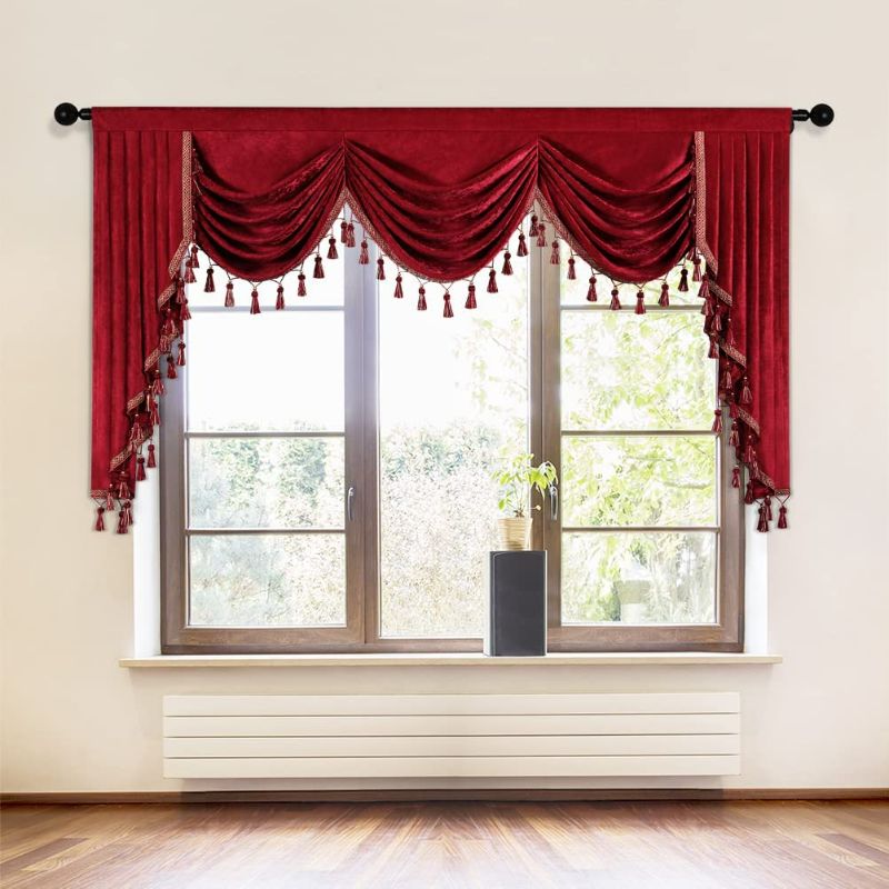 Photo 1 of ELKCA Thick Chenille Window Curtains Valance for Holiday Burgundy Red Waterfall Valance for Bedroom,Rod Pocket (W79, 1 Panel)