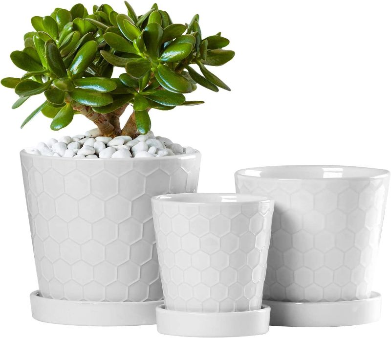 Photo 1 of 4+5+6 inch Ceramic Planter Pots - Glazed Modern Planters Flower Pot Indoor Bonsai Container with Drainage Holes & Ceramic Tray for Plants - Set of 3 (Plants Not Included)