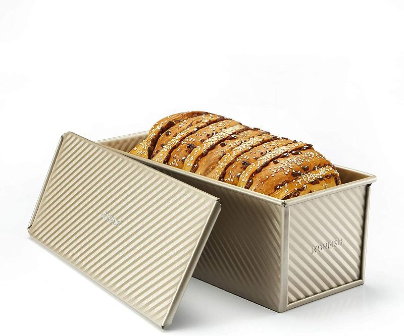 Photo 4 of Monfish Loaf Pan w Lid Pullman Bread Pan 2.2lb dough Aluminumed Steel Commercial Grade Non Stick Loaf Baking Pan (13.385X5.3X4.72INCH)