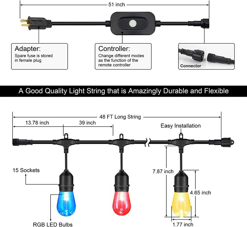 Photo 2 of 48FT Outdoor Patio Lights, RGB Cafe String Lights with 15 E26 S14 Shatterproof Edison Bulbs, Commercial Grade Dimmable String Lights for Bistro Backyard Garden, 2 Remote Controllers