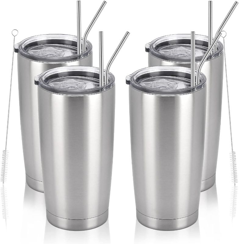 Photo 1 of Lifecapido 4 Pack Travel Tumblers, 20 Oz Stainless Steel Tumblers with Lids Straws, Double Wall Vacuum Insulated Travel Tumblers, Powder Coated Insulated Coffee Cup for Hot and Cold Drinks, Silver