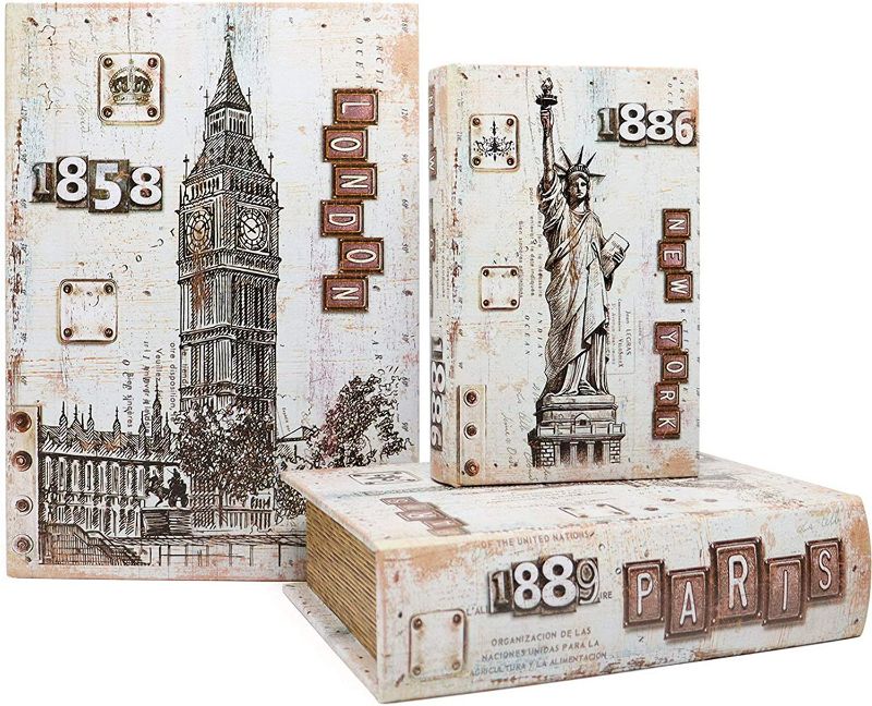 Photo 1 of Jolitac Decorative Book Boxes World Map Pattern Antique Book Invisible box with Magnetic cover, Faux Wood Set of 3 Storage Set (Architecture)