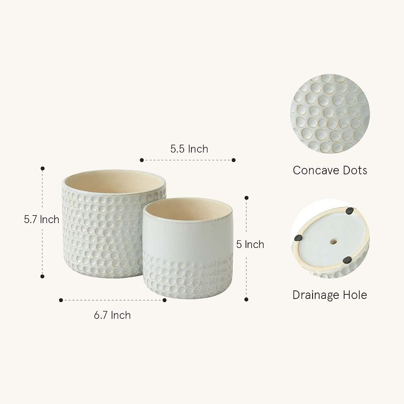 Photo 2 of La Jolie Muse Ceramic Planter - 6.7+5.5 Inch Concave Dot Patterned Cylinder Flower Pot W/ Drain Hole for Indoor, Set of 2, Glacier Gray