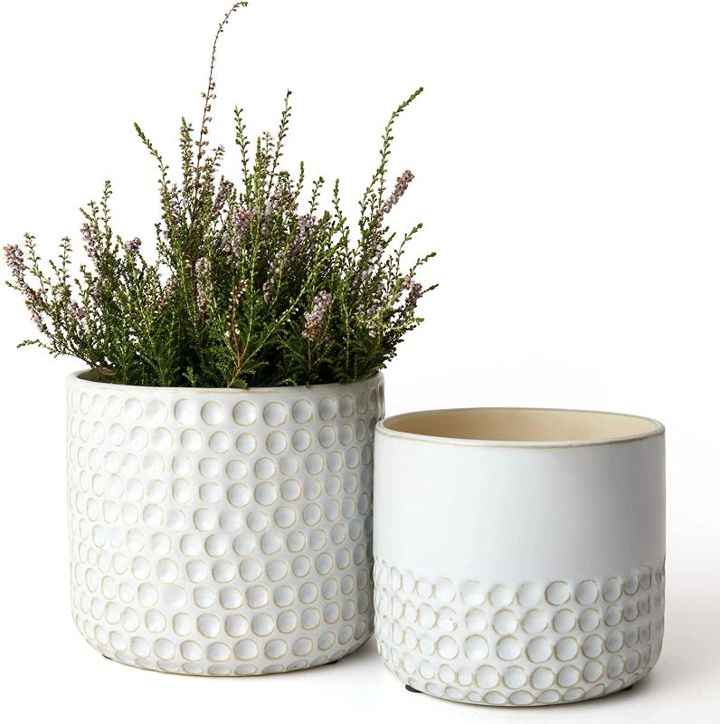 Photo 1 of La Jolie Muse Ceramic Planter - 6.7+5.5 Inch Concave Dot Patterned Cylinder Flower Pot W/ Drain Hole for Indoor, Set of 2, Glacier Gray
