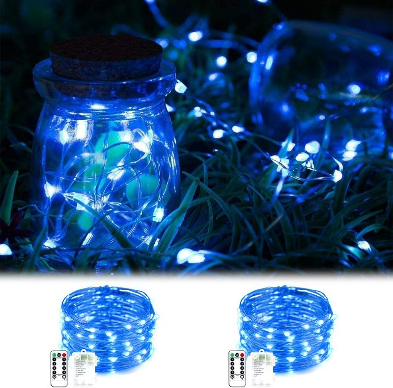 Photo 2 of ANJAYLIA 2 Pack 33ft 100 LED Fairy Lights Battery Operated, Waterproof Blue String Lights with Remote Control Timer Copper Wire Dimmable Firefly Lights, Blue