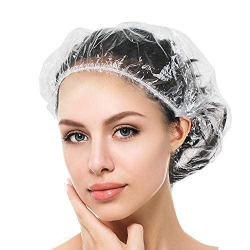 Photo 1 of Auban 100PCS Disposable Shower Caps, Plastic Clear Hair Cap Large Thick Waterproof Bath Caps for Women, Hotel Travel Essentials Accessories Deep Conditioning Hair Care Cleaning Supplies(19.3")
