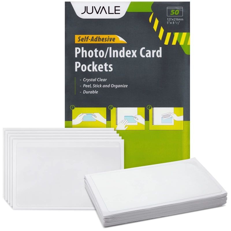 Photo 1 of 50 Pack Clear Adhesive Pockets for Index Card Sleeves and Planners, Plastic Label Holder for Note Cards (5x8 In)