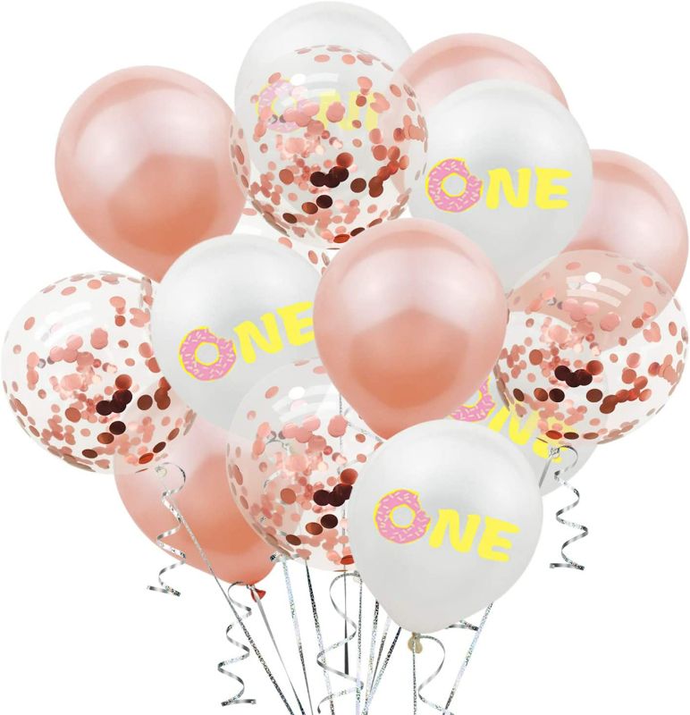 Photo 2 of (2 pack) Donut Balloons Kit 20Pcs Pink First Birthday Party Decorations 24" Donut One Foil Letter Balloons|5Rose Gold Balloon|5Rose Gold Confetti Balloon|5ONE Printed Balloon|1Ribbon
