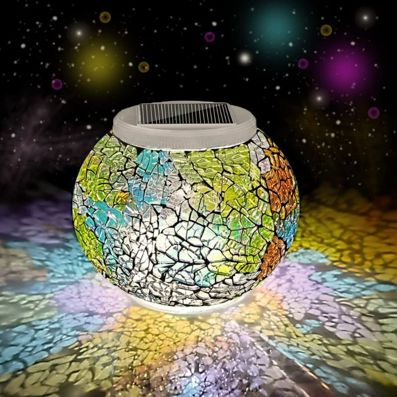 Photo 1 of Color Changing Solar Powered Glass Mosaic Ball Garden LED Lights, Waterproof Rechargeable Solar Table Lights for Garden, Patio, Party, Yard, Outdoor/Indoor Decorations Presents (3 Color Mosaic Style)